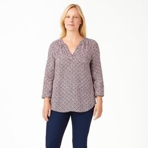 2/30 Hinge Floral Printed Notched Blouse Long Sleeve White Burgundy #A0261 TRB2